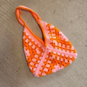 Crochet Orange Pink Retro Granny Square Shoulder Bag Purse Handmade Psychedelic